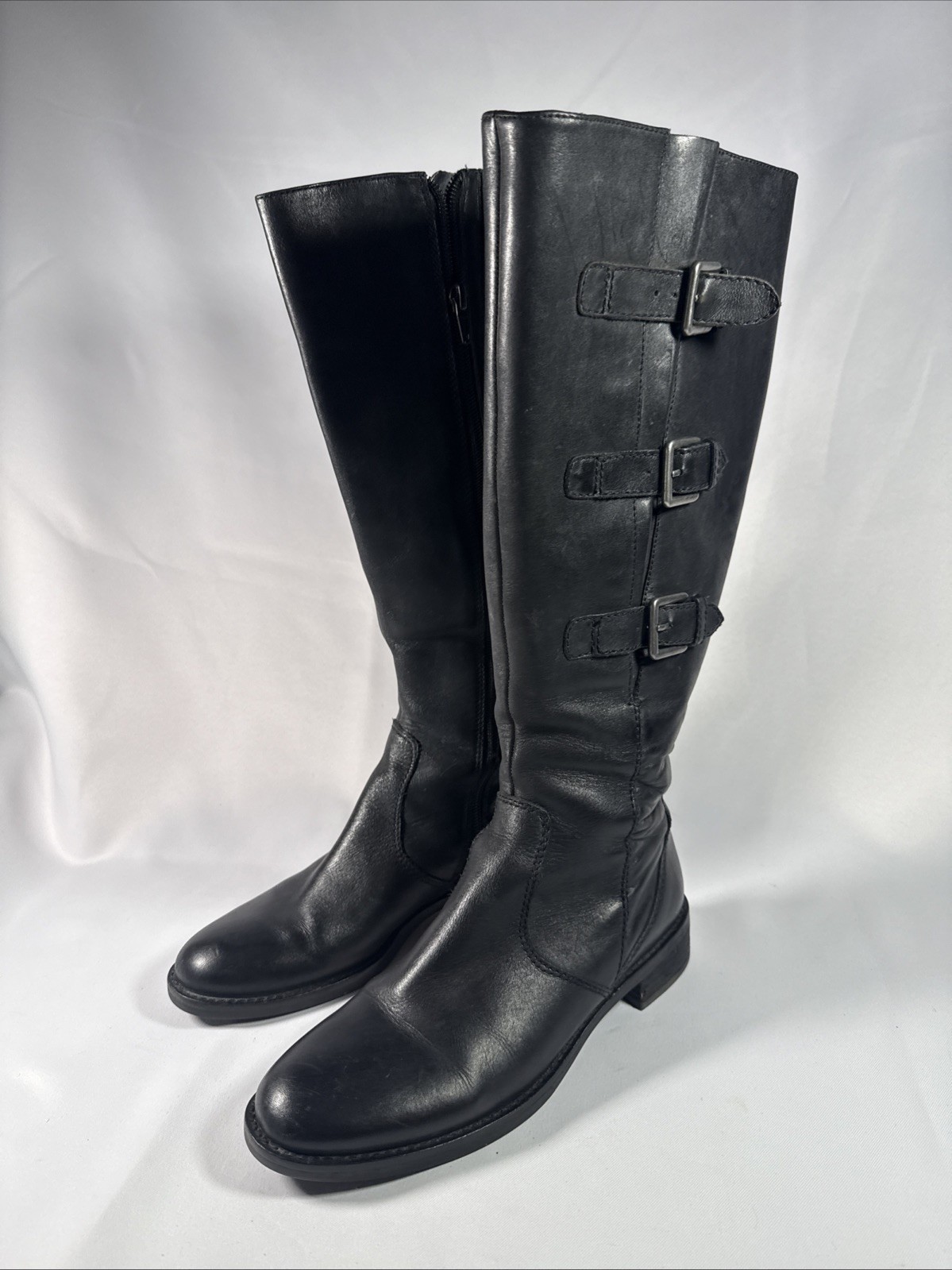 ECCO Women’s Black Leather Tall Boots Side Buckle Size 37 EU 6-6.5 US