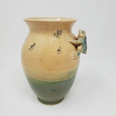 Frog Vase Artist Studio Pottery Green Ombre Glaze 3D Frog Vintage Lisa Schumaier