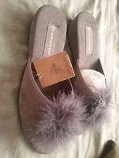 Ladies Womens Wedge Slippers Dunlop Feather Pom Pom Faux Suede Mules Heel Shoes