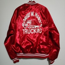Vtg 80s Red Satin Bomber Jacket XL Robert W Harts Trucking Semi Graphic Auburn