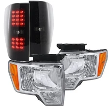 For Ford F150 Crystal Clear Headlights+Black Smoke LED Tail Lamps