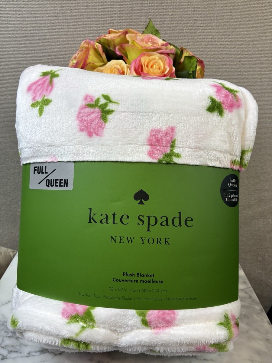 kate spade full/queen フリースブランケット Kate Spade Plush Fleece Blanket White w/ Pink Floral - Queen Size