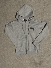 Custom Stussy Grey Zip Hoodie Mens Small Embroidered Logo Streetwear 