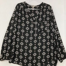 Pleione size XL Black Geometric Print V Neck Long Sleeve Soft Blouse Office