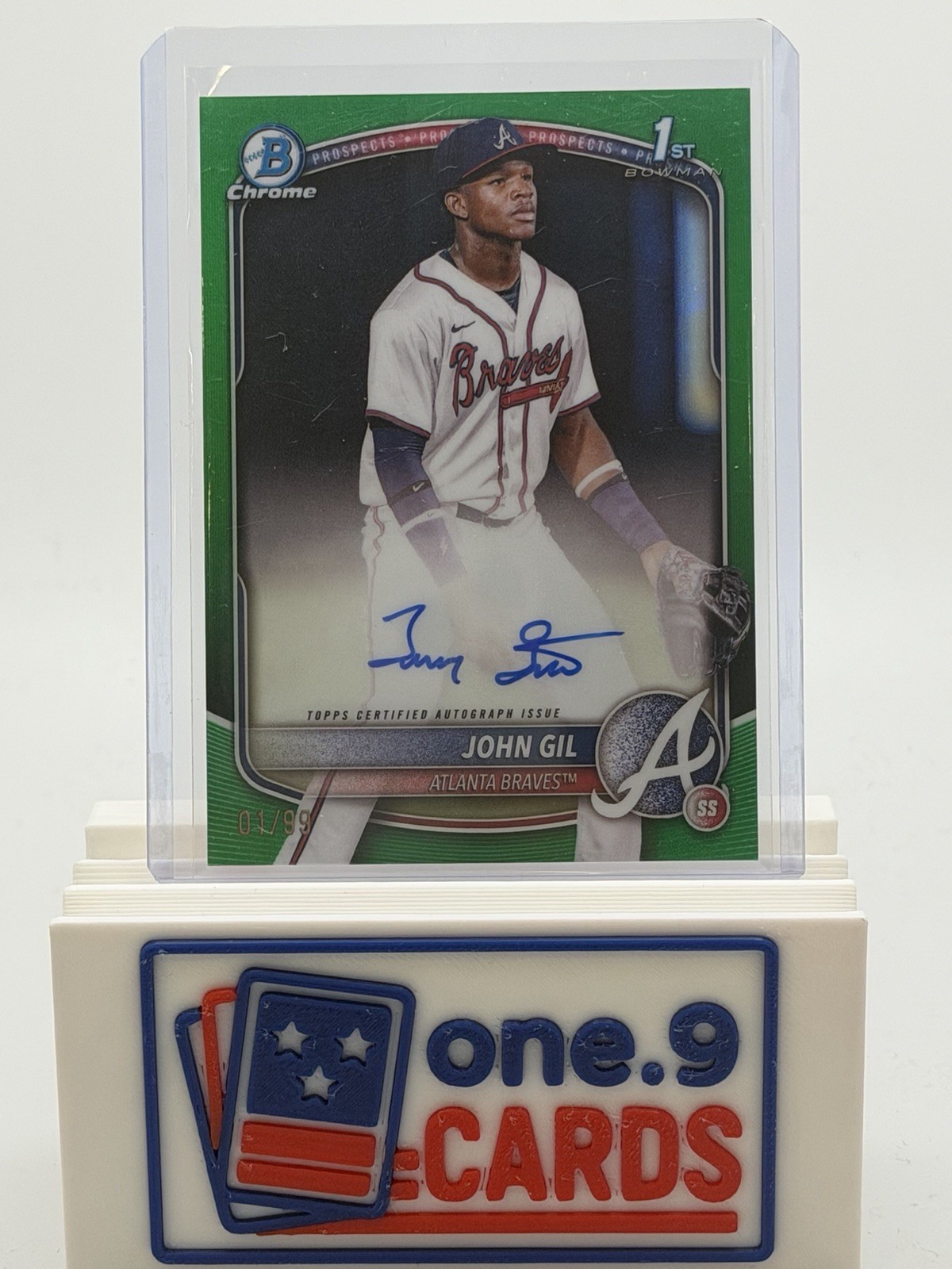 John Gil 2025 1st Bowman Chrome AUTO Prospect True GREEN REFRACTOR 99/99 Bookend