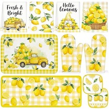 10Pcs Lemon Kitchen Decor Set Lemons Print Towels Pot Hand Holders Oven yellow
