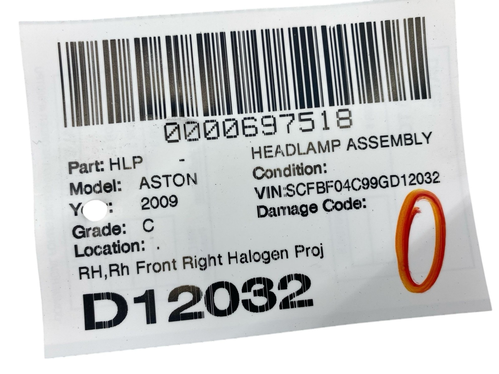 2009 Aston Martin Vantage Front Right Halogen Projector Headlight 6G33-13W029-FD