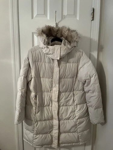 OFF WHITE Cappotto donna L Bean Cream Puffer full zip pelliccia sintetica con cappuccio piumino d'oca # 227261