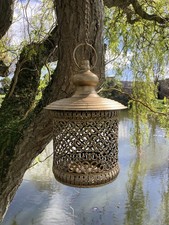 GOLD METAL HANGING LANTERN CANDLE HOLDER GARDEN / INDOOR ORNAMENT