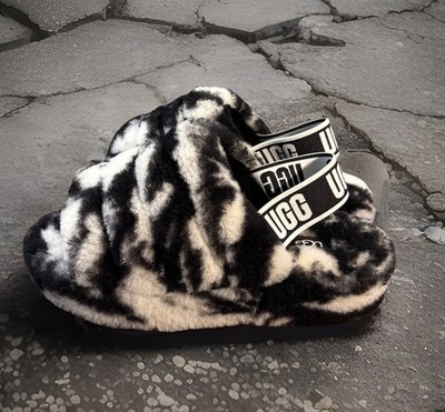 UGG BLACK FLUFF YEAH MARBLE SLIDE 1122554/ WOMAN S SIZE 6/ AUTHENTIC/ BRAND NEW