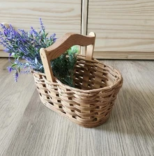 Vtg Wicker Wood Basket Wooden Handle Floral Display Oval 9.5x6.75" Solid Bottom