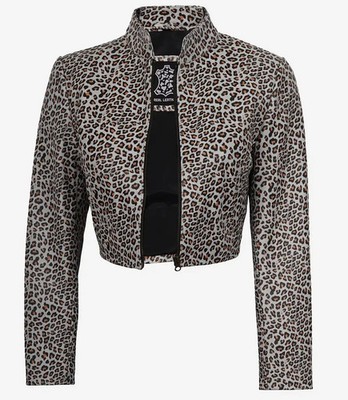 Women's New Stylish Off White Leopard Print Real Lambskin Cropped Leather Jacket