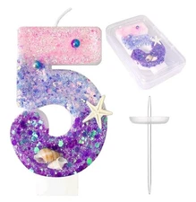 5th Birthday Glitter Candle for Cake, Number Candle, Seashells & Starfish