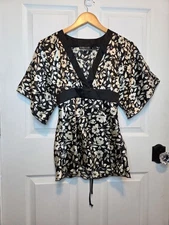 VTG Y2K Rampage Tie Back Top Tunic Black Beige Floral Print S Satin