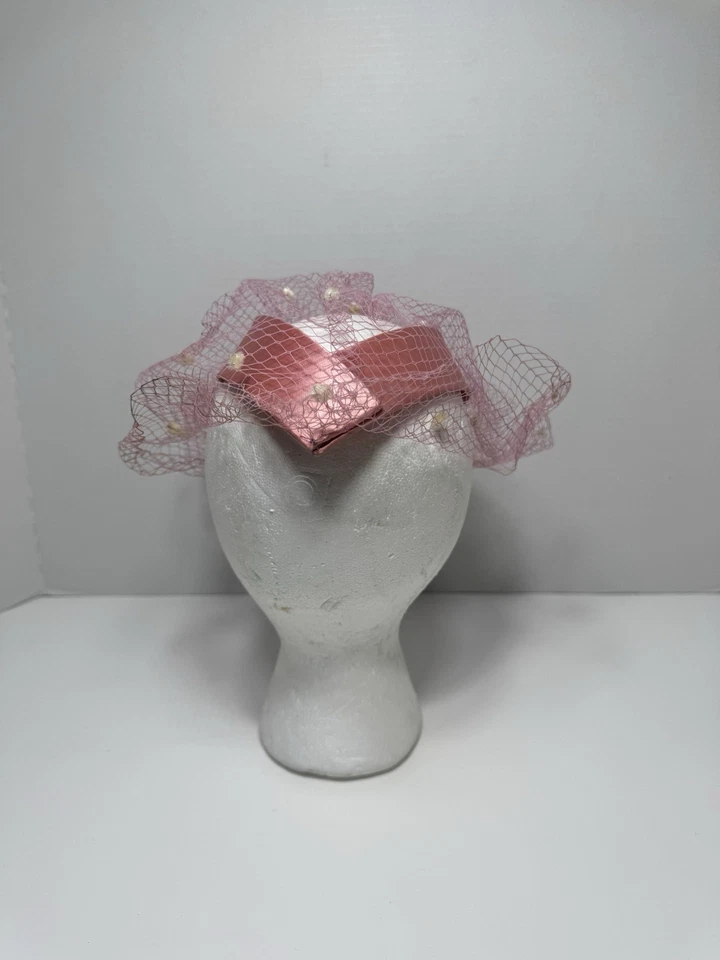 Impresionante sombrero derby iglesia velo rosa vintage para dama Foto 3 de 4
