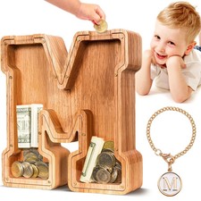 Wooden Letter Piggy Bank Personalized Initial M Clear Window Kids Gift Coin