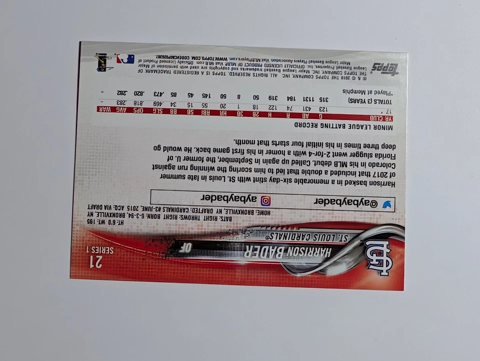 2018 Topps #21 Harrison Bader RC - Image 2 of 2