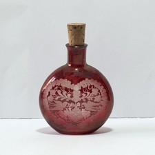 Piccola Bottiglia Fiaschetta In Vetro Rosso Con Decori Naturali E Uccelli