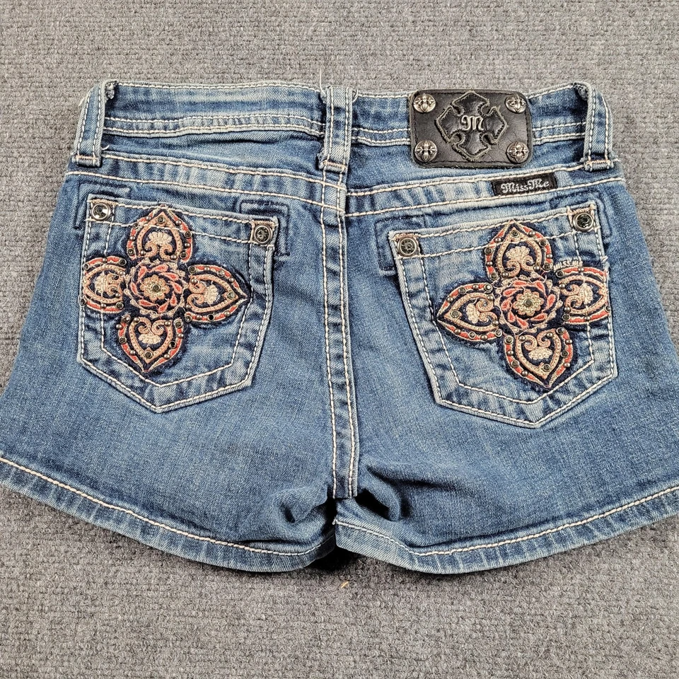 Pantalones Cortos Miss Me Niñas 14 Azul Denim Bordado Adornado Bolsillos Traseros JK5694H2 Foto 2 de 4