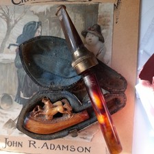 19th Century Carved Meerschaum Pipe, modelled as 2 Horses with Amber Stem  Case