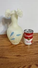Rare Vtg. Fenton bluebirds uranium glass vase signed, painted by Jay Brown 9.7".