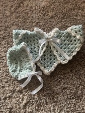 Handmade Crochet Baby Outfit Set - Bonnet, Cape, Booties - Pink, Mint, White