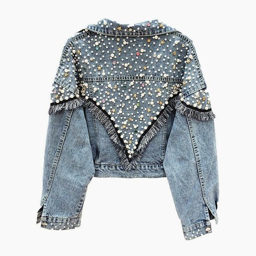 Ladies Womens Pearl Denim Jacket Hip 