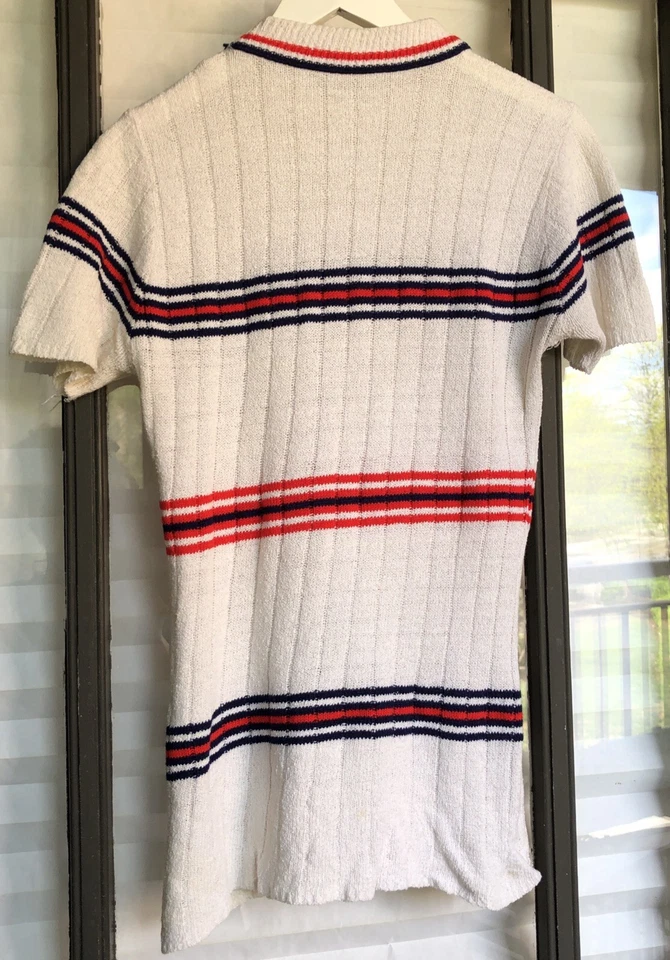 Vintage 1960s Striped Knit Short Sleeve Sweater S/M White Red Blue - Image 2 of 4