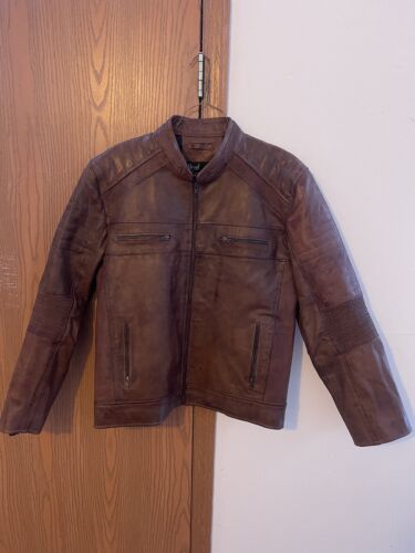 Real Leather RL Brand Men’s Bomber Flight Jacket Brown Extra Large Button Zip - Picture 1 of 5