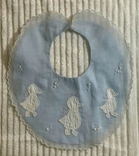 Vintage Antique Baby Bib Embroidered Blue Ducks Christening Formal Reborn Doll