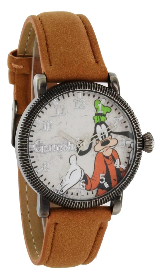 Estuche Goofy Estilo Vintage Disney Tono Negro Correa Marrón Claro Manos Plateadas Cuarzo Foto 2 de 4