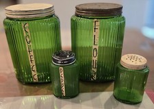 HTF 4 Pcs. GREEN vintage OWENS ILLINOIS hoosier canisters & salt / pepper SET