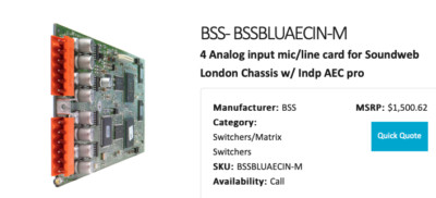 BSS- BSSBLUAECIN-M 4 Analog input mic/line card for Soundweb London Chassis