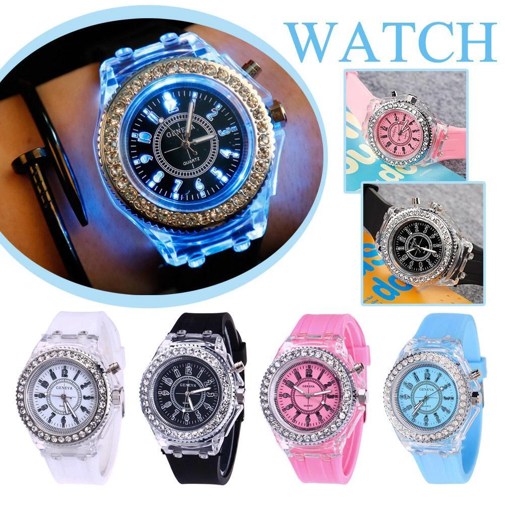 Fashion Women Girls Mens Watch Flash LED Light Crystal Sport H Quartz T. H1A6
