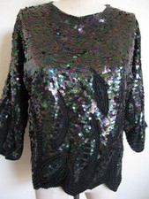 Vintage 80s 100 Silk Sequin Bead Trophy Evening Top M Flapper Iridescent Black