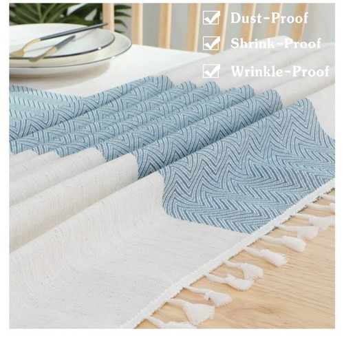 Tablecloth for Rectangle Table, Cotton Linen Waterproof, 55" X 102" White & Blue - Foto 4 di 6