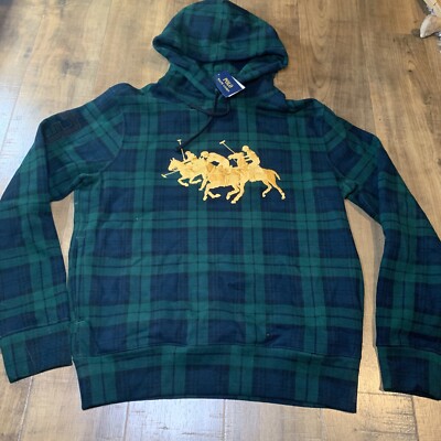 POLO RALPH LAUREN Tartan Plaid Triple Pony Fleece Hoodie Sweatshirt Mens  Medium | eBay