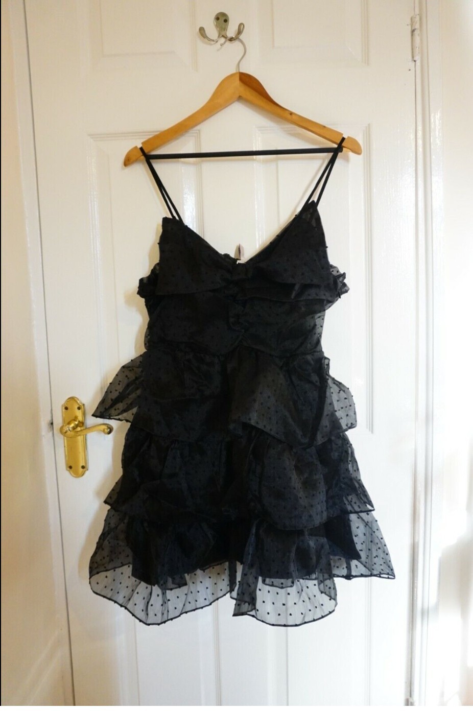 H&M Bow Flounced Dress Black Airy Fabric Plumeti Draped Flared Skirt Size M