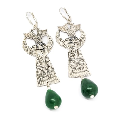 Art Deco Egyptian Revival Sterling Silber Jade Ohrhänger mit Adlern - Bild 3 von 10