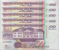Suriname 100 Gulden 1998 P 139 b UNC LOT 5 PCS