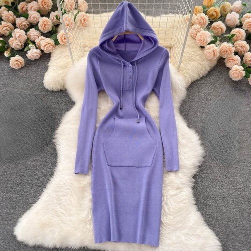 Damen Strickkleider mit Kapuze Sexy Bodycon Langarm Slim Stretch Midikleid - Bild 12 von 21