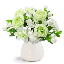 2 Packs Peonies Artificial Flowers Silk Fake Bouquet Centerpiece White Green Lrg