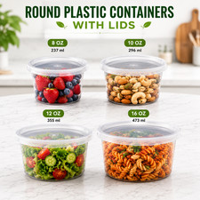 Round Plastic Food Containers With Lids 8oz 10oz 12oz 16oz Reusable Pots