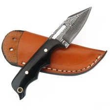 4.5" CUSTOM EDC HANDMADE DAMASCUS NECK KNIFE W BUFFALO HORN HANDLE & SHEATH