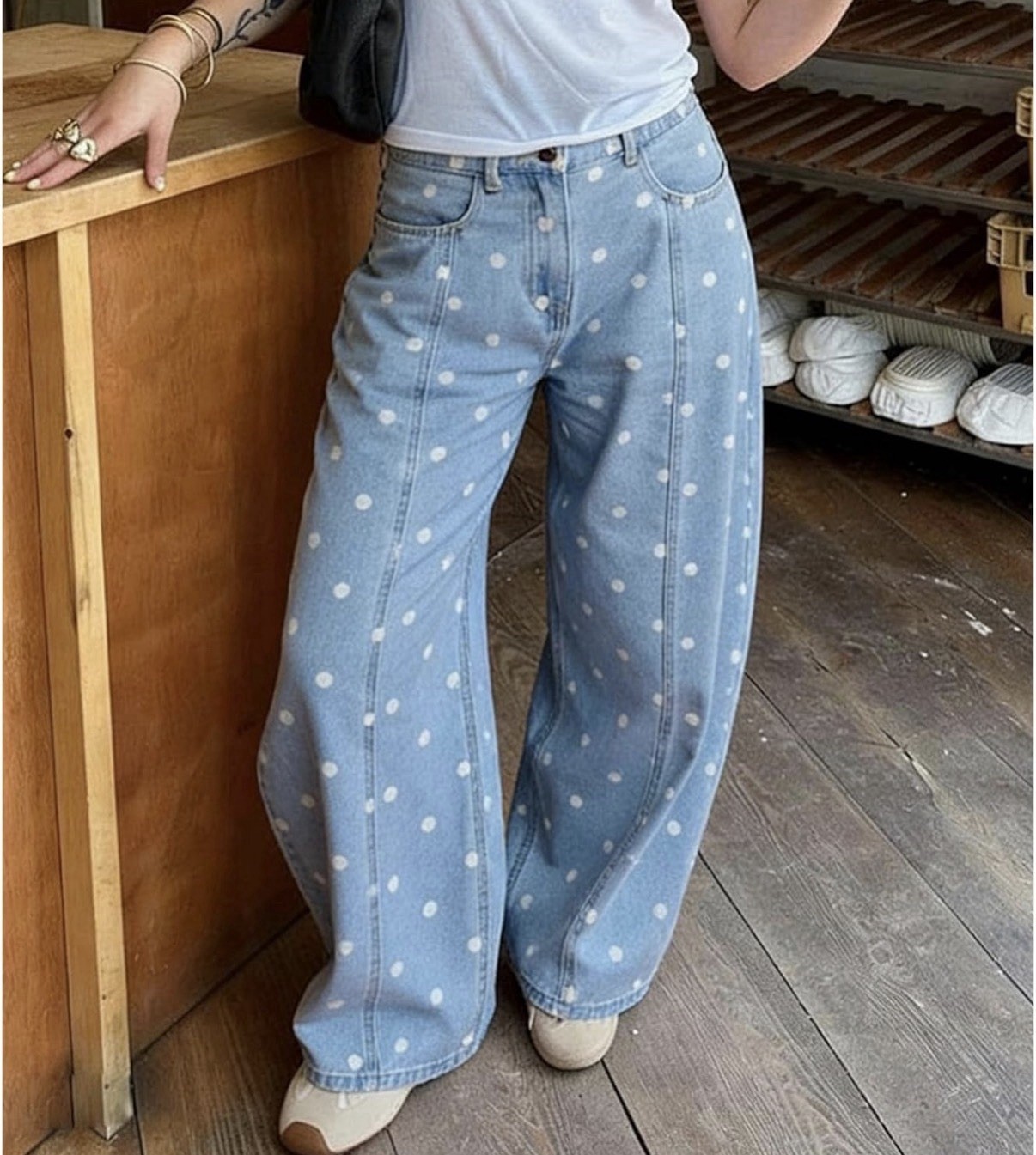 Light Wash Blue Denim White Polka Dot Wide-Leg High Rise 5-Pocket Jeans
