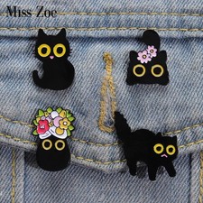 Black Cats Enamel Pins Custom Big Eyes Kitten Brooches Lapel Badges Floral Anima