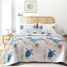Coastal Quilt Set Queen Size - Lightweight Summer Bedspread with Sea Turlte Ocea