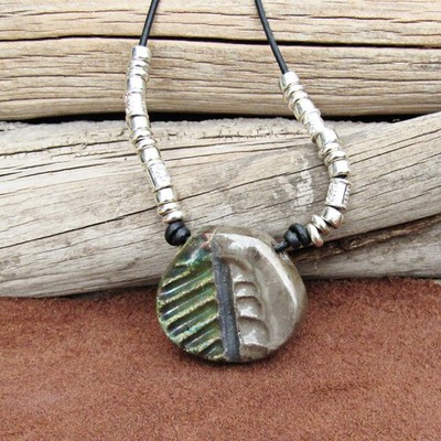 Leather Necklace with Gray Green Pottery Fossil Pendant, Silver Beads, Handmade