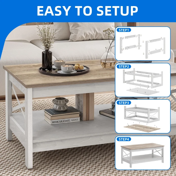 Farmhouse Coffee Table With Storage 2 Tier Center Table For Living Room TopWhite - Image 4 of 4