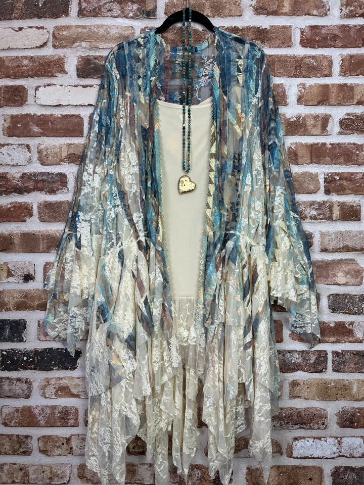 Cárdigan plumero kimono Plus campesino vintage turquesa festival bordado encaje Foto 3 de 4